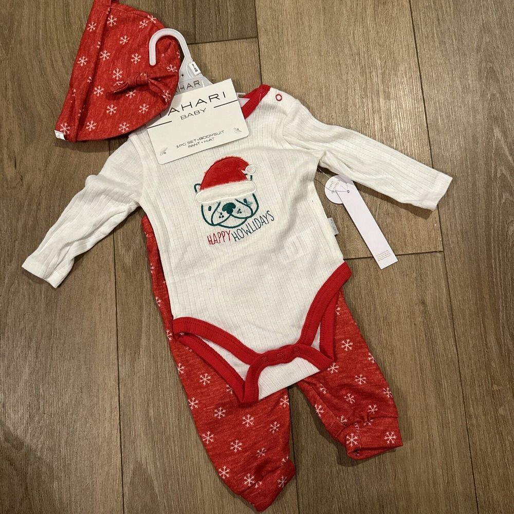 Tahari Baby Holiday 3 Pc Bodysuit‎ Pant Hat Set Red Size 3/6 Months NEW
